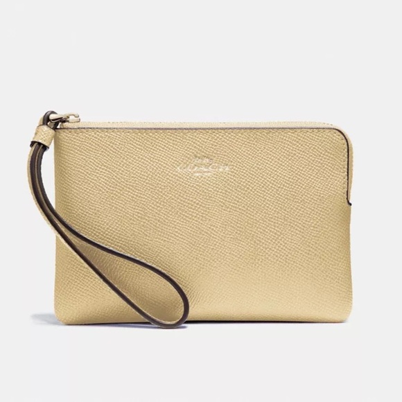 Coach Handbags - Coach Corner Zip Metallic Gold Textured Saffiano Leather Wristlet Pouch